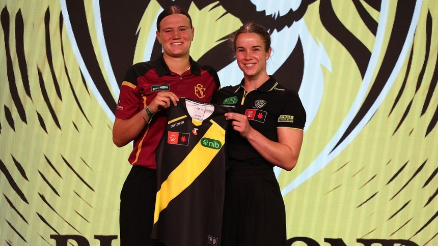 Olivia Wolmarans poses with Gabby Seymour after being drafted by Richmond with pick No.1 in the Telstra AFLW Draft on December 15, 2025. Picture: AFL Photos