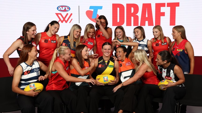 A group of the first-round picks from the 2025 Telstra AFLW Draft pose for a photo at Marvel Stadium on December 15, 2025. Picture: AFL Photos