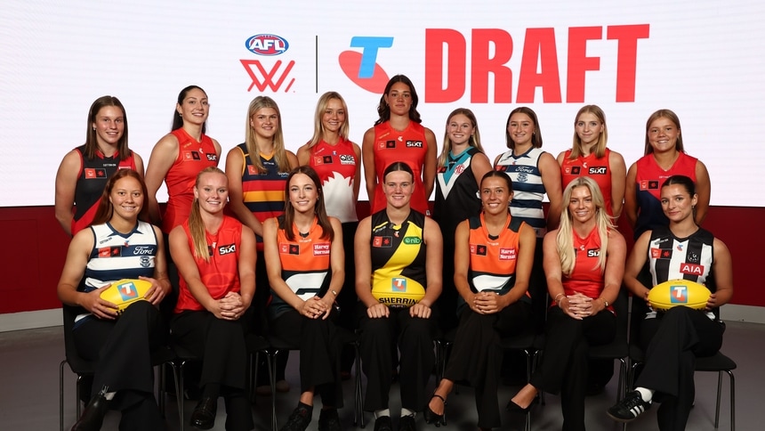 First-round picks from the 2025 Telstra AFLW Draft pose for a photo on December 15, 2025. Picture: AFL Photos