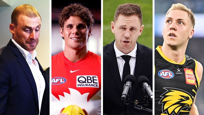 Simon Goodwin, Charlie Curnow, Joel Selwood and Oscar Allen. Pictures: AFL Photos