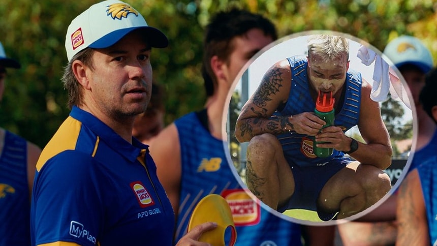 Phil Merriman at West Coast training and (inset) Clay Hall takes a drink during another long session. Pictures: West Coast Eagles