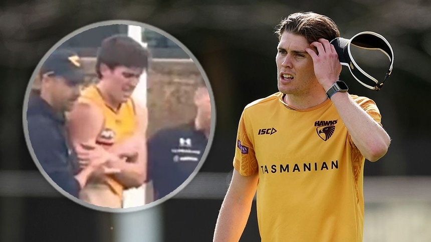Will Day is helped from the ground after injuring his shoulder (inset) and at Hawthorn training in 2024. Pictures: X/AFL Photos