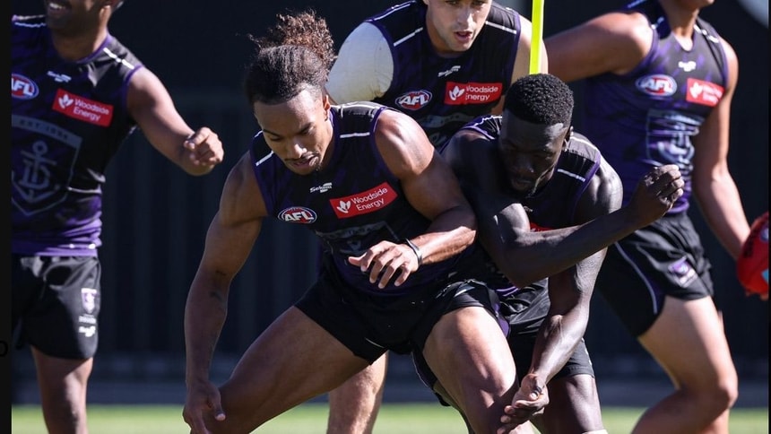 Brandon Walker and Michael Frederick go toe-to-toe during a Fremantle training session on February 5, 2026. Picture: Fremantle FC