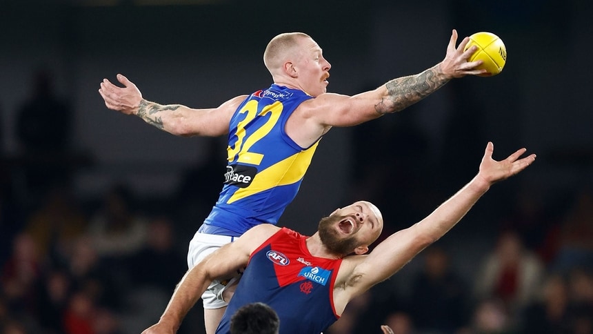 Bailey Williams leaps over Max Gawn during West Coast's clash with Melbourne in round 21, 2025. Picture: AFL Photos