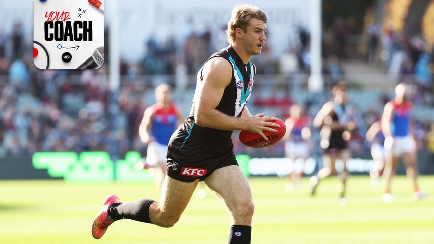 Jason Horne-Francis runs with the ball during Port Adelaide's clash against Melbourne in round 14, 2025. Picture: AFL Photos