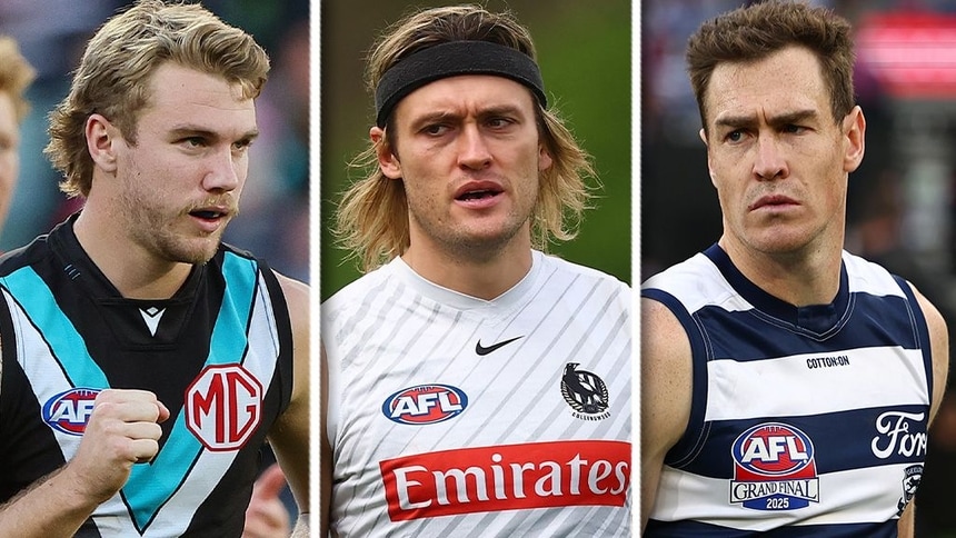 Jason Horne-Francis, Darcy Moore and Jeremy Cameron. Pictures: AFL Photos