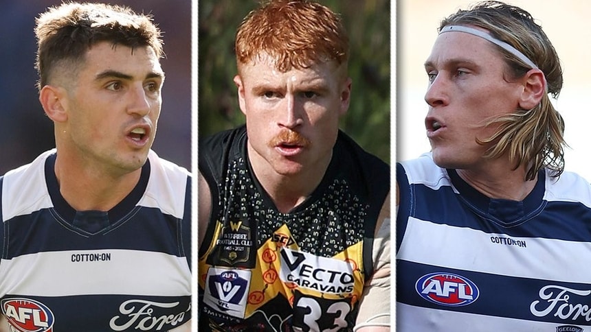 Shaun Mannagh, Jack Riding and Mark Blicavs. Pictures: AFL Photos