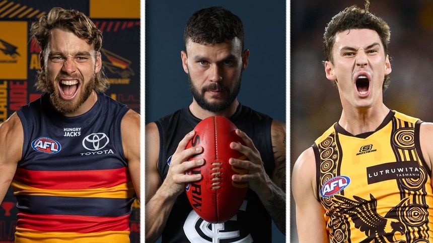 Riley Thilthorpe, Zac Williams and Connor Macdonald. Pictures: AFL Photos