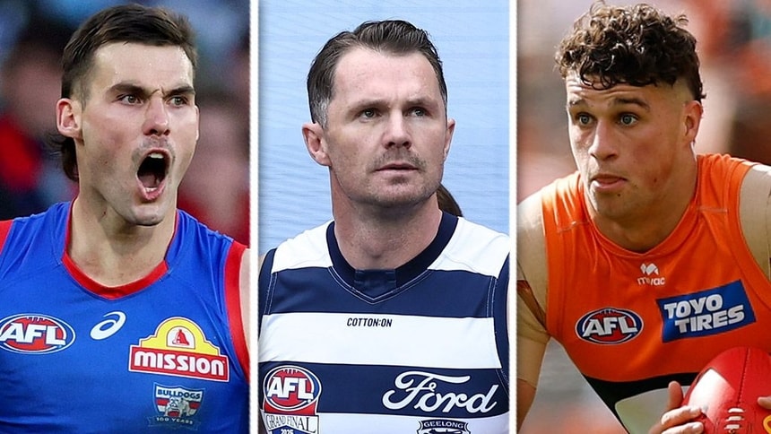 Sam Darcy, Patrick Dangerfield and Finn Callaghan. Pictures: AFL Photos