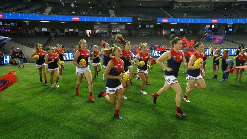 Players before the AFLW Round 6 match between Western Bulldogs and Melbourne at Marvel Stadium, March 9, 2019. Picture: AFL Media