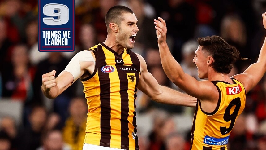 Ned Reeves and Connor Macdonald celebrate during the R1 match between Hawthorn and Essendon at the Melbourne Cricket Ground on March 13, 2026. Picture: AFL Photos