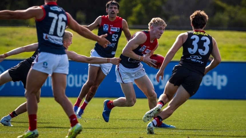 Ethan Stanley in action for Casey Demons during the practice match against St Kilda at RSEA Park. Picture: Sara Wilkosz