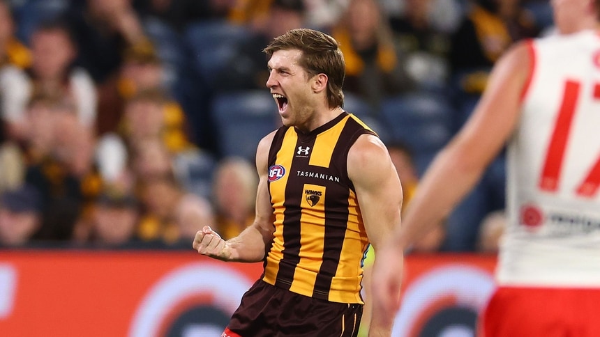Dylan Moore celebrates kicking a goal during the match between Hawthorn and Sydney at the MCG in round two, 2026. Picture: Getty Images
