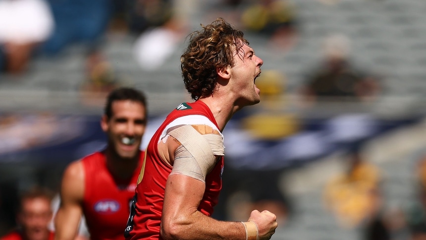Ethan Read celebrates kicking a goal during the match between Richmond and Gold Coast at the MCG in round two, 2026. Picture: Getty Images