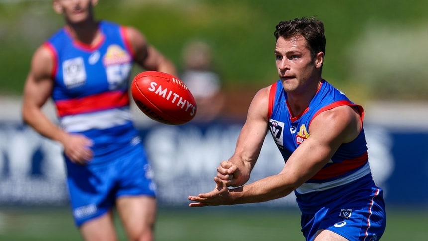 Cooper Craig-Peters handpasses the ball during the 2026 Smithy's VFL Round 1 match between the Footscray Bulldogs and the Casey Demons at Mission Whitten Oval. Picture: Craig Dooley/AFL Photos