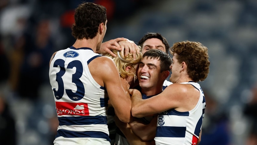 Shannon Neale, Oliver Dempsey, Shaun Mannagh and Oliver Wiltshire celebrate a goal during the round three match between Geelong and Adelaide at GMHBA Stadium, on March 26, 2026. Picture: AFL Photos