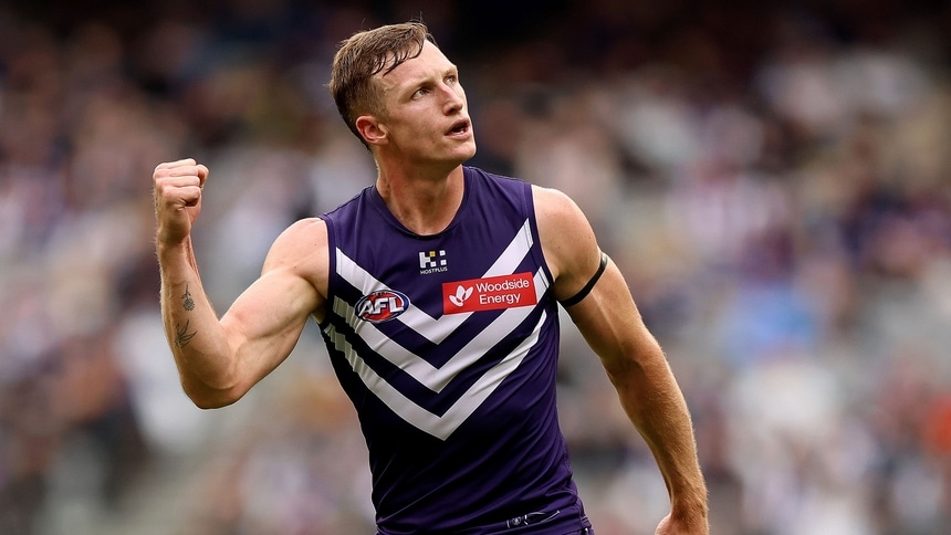Josh Treacy celebrates a goal for Fremantle against Richmond in R3, 2026. Picture: AFL Photos