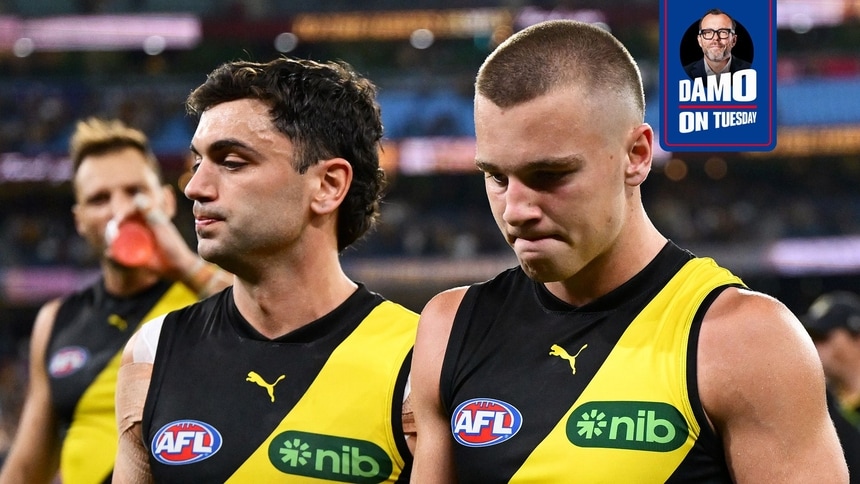 Tim Taranto and Sam Lalor after Richmond's loss to Hawthorn in round eight, 2025. Picture: AFL Photos