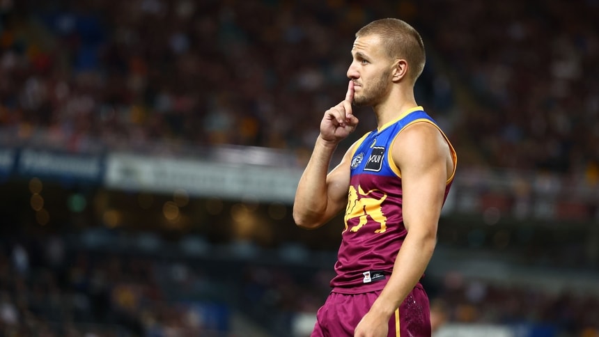 Kai Lohmann celebrates a goal during Brisbane's clash against Collingwood in round four, 2026. Picture: AFL Photos