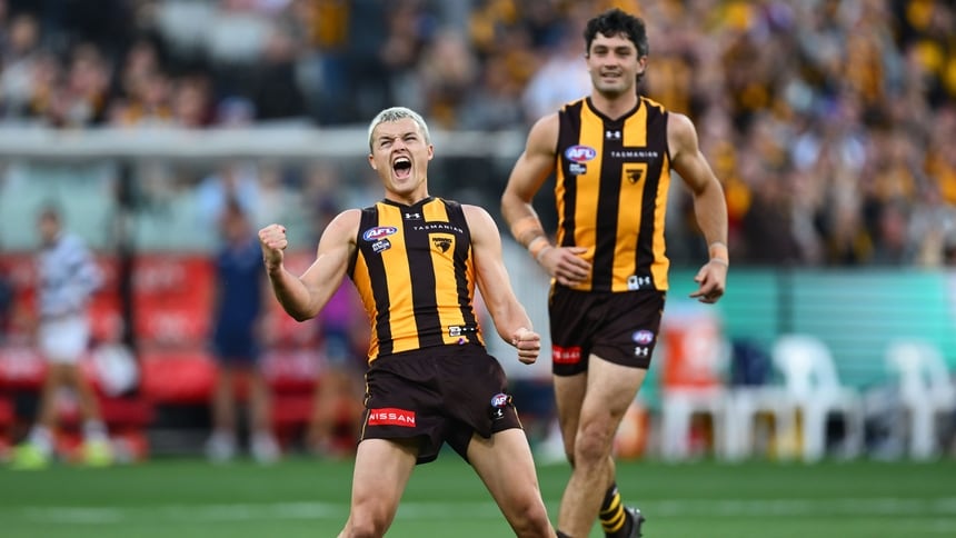 Jack Ginnivan celebrates a goal during round four, 2026. Picture: AFL Photos/Getty Images