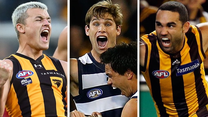Jack Ginnivan in 2026, Tom Hawkins in 2012, Shaun Burgoyne in 2013. Pictures: AFL Photos