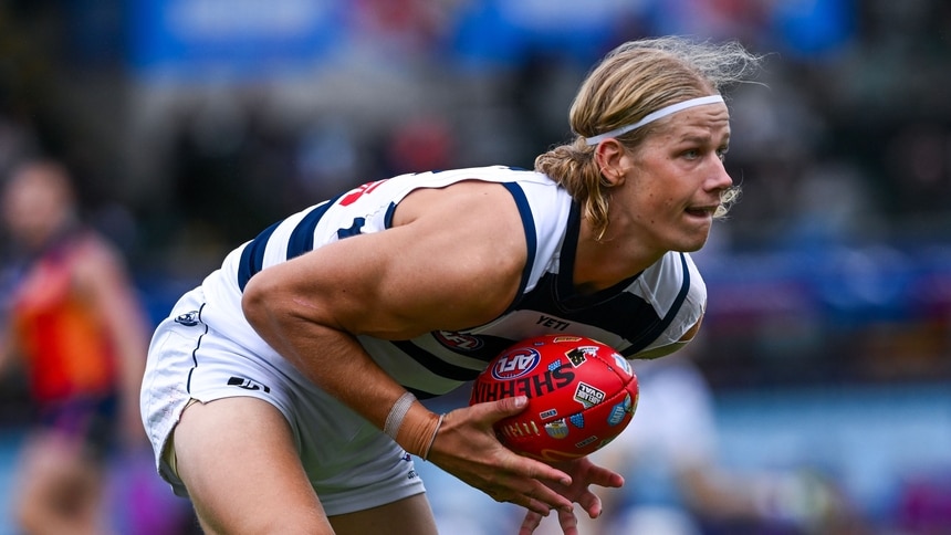 Sam De Koning marks during the match between Geelong and West Coast at Norwood Oval in round five, 2026. Picture: Getty Images