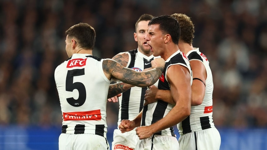 Nick Daicos celebrates a goal during the round six match between Carlton and Collingwood at the MCG in round six, 2026, Picture: Getty Images