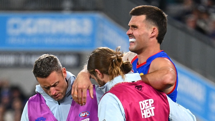 Sam Darcy is helped from the ground by trainers after injuring his knee during the match between Geelong and the Western Bulldogs at GMHBA Stadium in round six, 2026. Picture: Getty Images