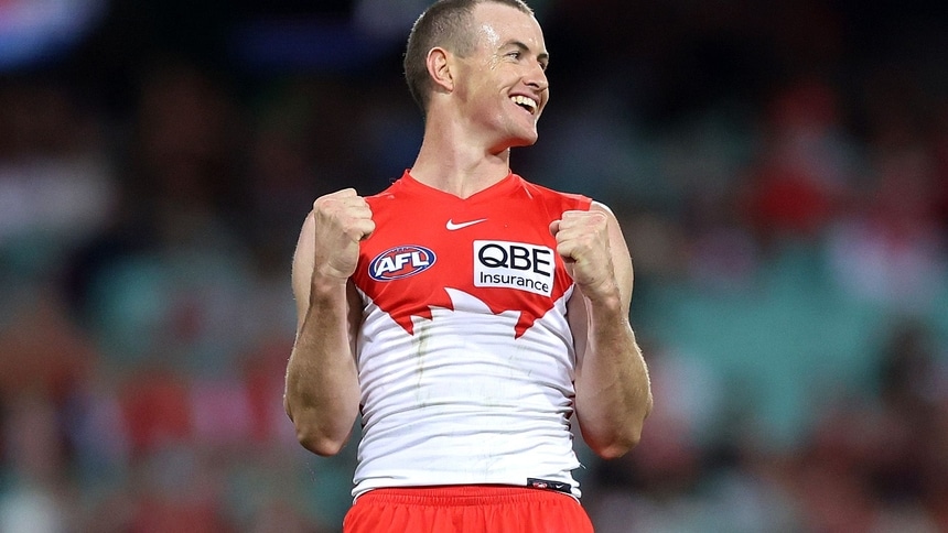 Chad Warner celebrates a goal during round six, 2026. Picture: AFL Photos