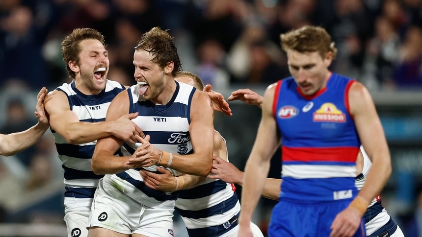 Jake Kolodjashnij celebrates during the round six match between Geelong and the Western Bulldogs at GMHBA Stadium, April 17, 2026. Picture: AFL Photos