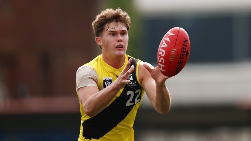 Sam Cumming of the Tigers marks the ball during the match between Australia U18 and Richmond VFL at IKON Park. Picture: Morgan Hancock/AFL Photos