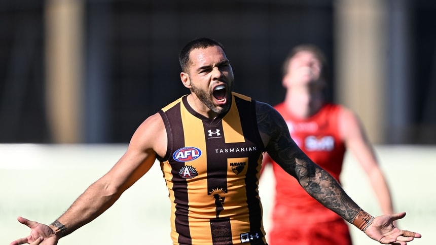 Jarman Impey celebrates a goal during the match between Hawthorn and Gold Coast at UTAS Stadium in round seven, 2026. Picture: Getty Images