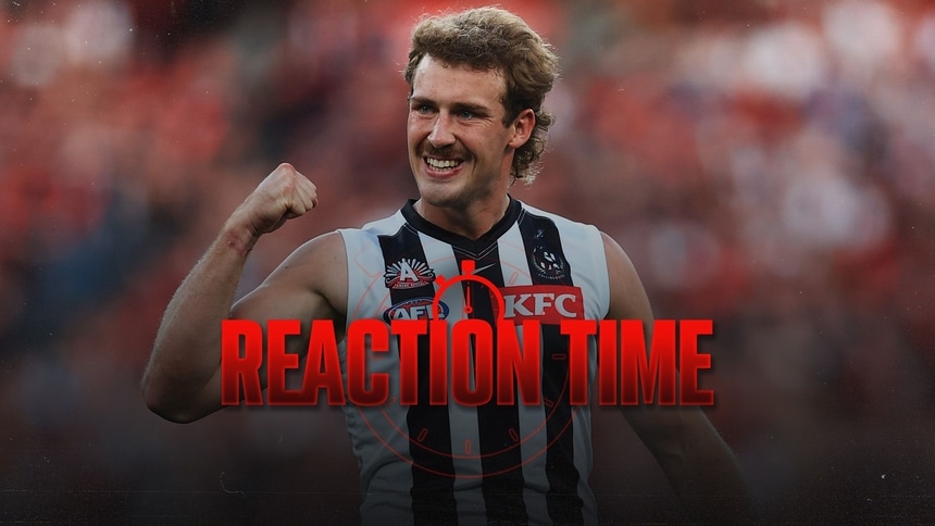 Angus Anderson celebrates a goal for Collingwood against Essendon on Anzac Day, 2026. Picture: AFL Photos