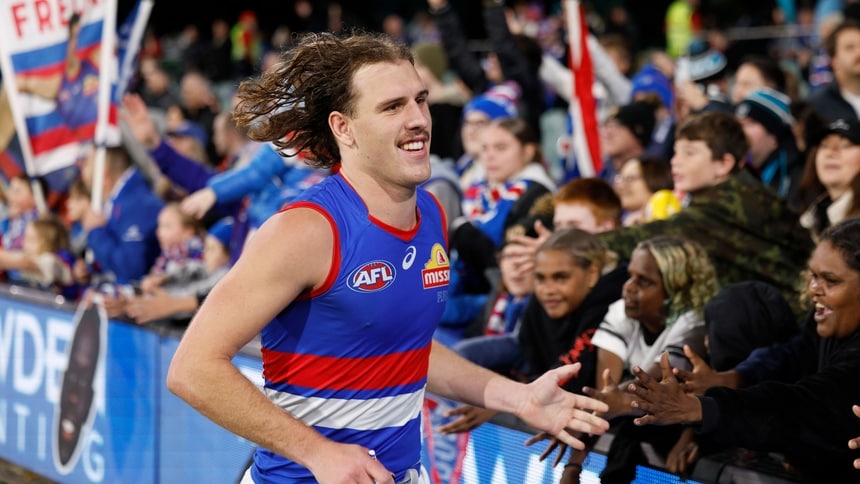 Michael Sellwood celebrates after the Western Bulldogs' win over Port Adelaide in round nine, 2026. Picture: AFL Photos