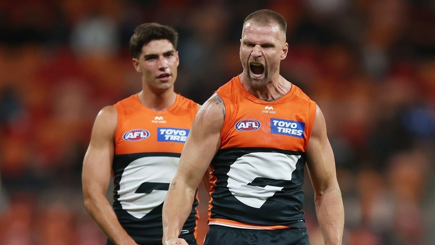 Jake Stringer celebrates a goal during Greater Western Sydney's clash against Essendon in round nine, 2026. Picture: AFL Photos