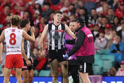Collingwood players react during Sydney clash