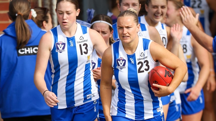 North Melbourne Werribee captain Renee Tierney leads out the Kangaroos ahead of the 2026 VFLW Round 1 match between Port Melbourne and North Melbourne Werribee at ETU Stadium. Picture: Craig Dooley/AFL Photos