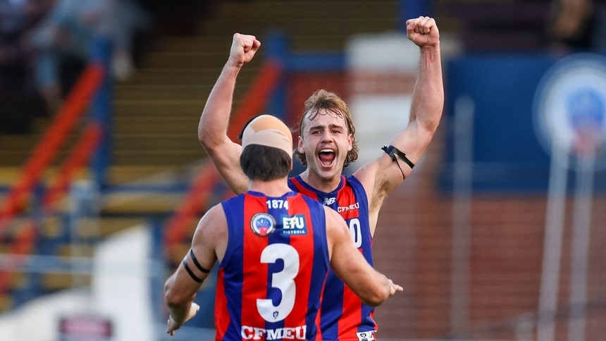 Josh Tovey of the Borough celebrates a goal during the 2026 Smithy's VFL Round 8 match between Port Melbourne and North Melbourne at ETU Stadium. Picture: Craig Dooley/AFL Photos