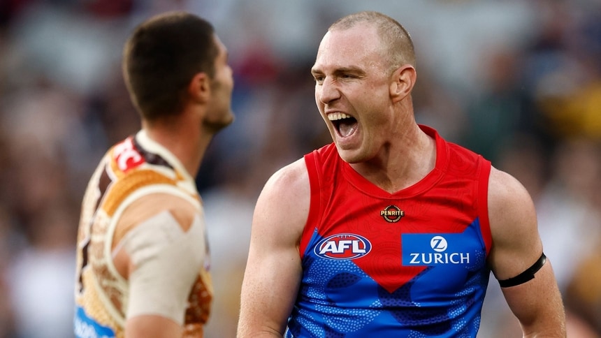 Harrison Petty celebrates a goal during the R10 match between Narrm (Melbourne) and Hawthorn at the Melbourne Cricket Ground on May 16, 2026. Picture: AFL Photos