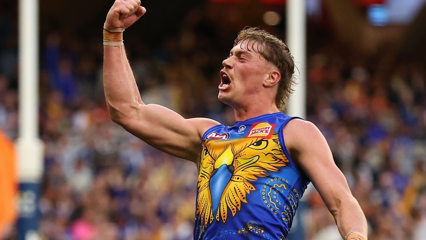 Harley Reid celebrates a goal during the match between Waalitj Marawar (West Coast) and Greater Western Sydney at Optus Stadium in round 10, 2026. Picture: Getty Images