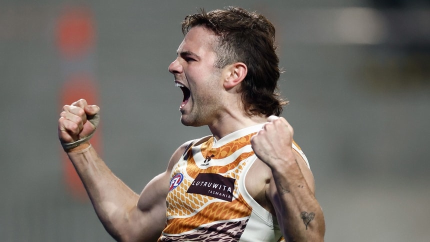 Nick Watson celebrates a goal during round 11, 2026. Picture: AFL Photos
