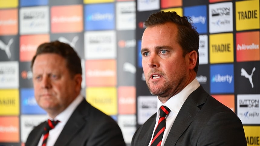 Essendon CEO Tim Roberts and Essendon President Andrew Welsh speak to the media after the sacking of Brad Scott. Picture: AFL Photos