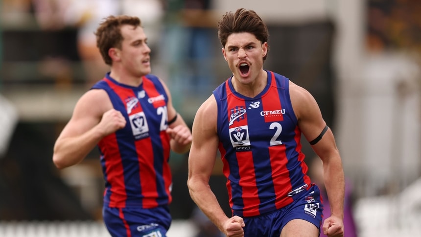 Dom Bedendo of Port Melbourne celebrates a goal during the Smithy's VFL Round 10 match between Port Melbourne and Tasmania at ETU Stadium. Picture: Morgan Hancock/AFL Photos