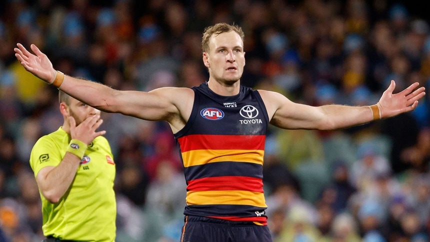 Jordan Dawson celebrates a goal during Adelaide's clash against Geelong in round 13, 2026. Picture: AFL Photos