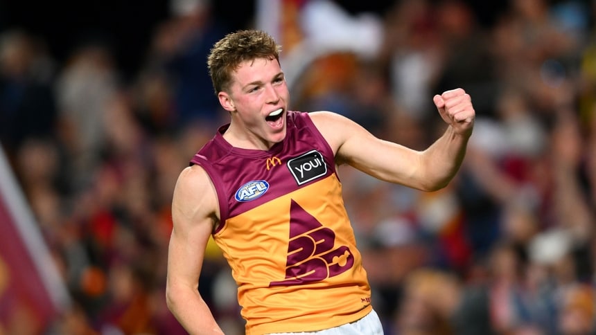 Logan Morris celebrates during the round 13 match between Gold Coast and Brisbane at People First Stadium, June 6, 2026. Picture: AFL Photos