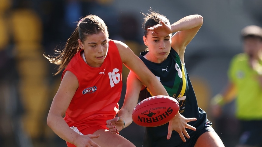 Maya Duane and Evie Ward during the match between Australia U18 and All Stars at Kennedy Community Centre, June 7, 2026. Picture: AFL Photos