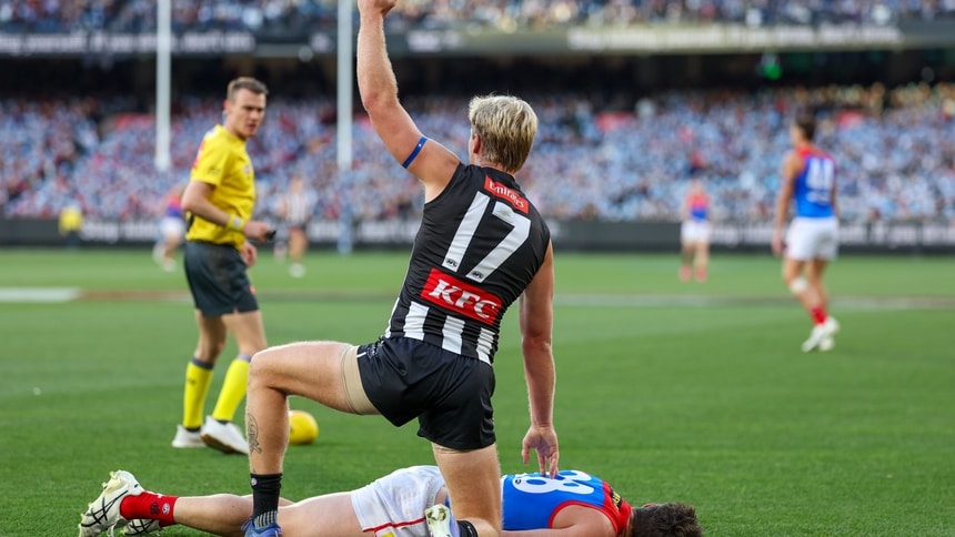 Billy Frampton calls for help for Brody Mihocek during the round 13 match between Collingwood and Melbourne at the MCG, June 8, 2026. Picture: AFL Photos