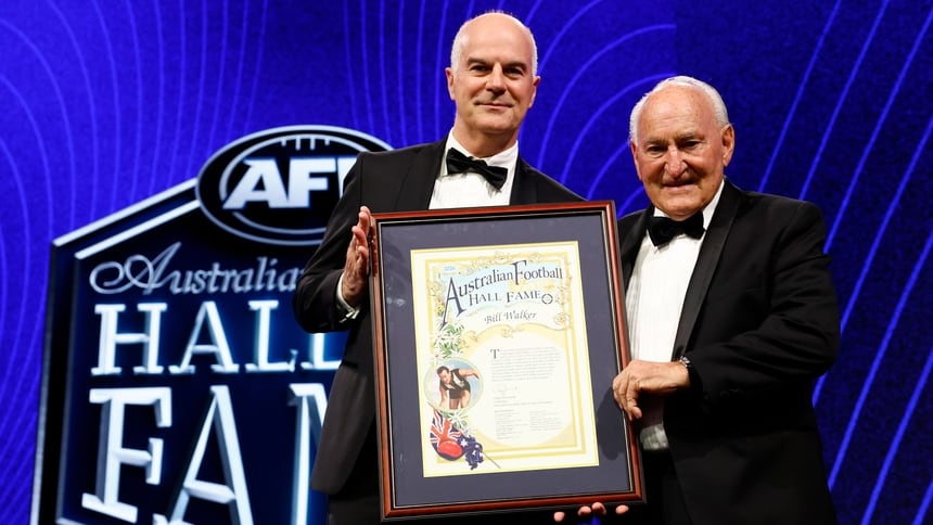 AFL Commission chair Craig Drummond with Hall of Fame Legend Bill Walker during the Australian Football Hall of Fame at Crown Palladium on June 9, 2026. Picture: AFL Photos