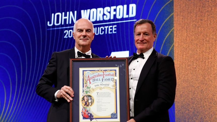 AFL Commission chair Craig Drummond with Hall of Fame inductee John Worsfold during the Australian Football Hall of Fame at Crown Palladium on June 9, 2026. Picture: AFL Photos