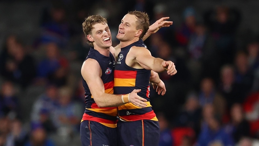 Hugo Hall-Kahan and Jordan Dawson celebrate a goal during Adelaide's clash against the Western Bulldogs in round 14, 2026. Picture: Getty Images